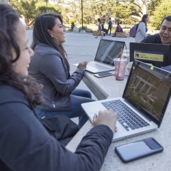 students studying together at a picnic table